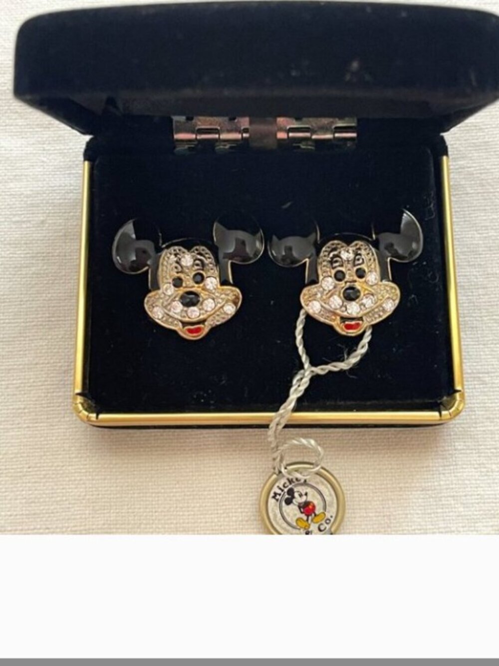 New Vintage Mickey & Co. Mouse Disney Clip Earrings Gold Enamel Crystal NWT